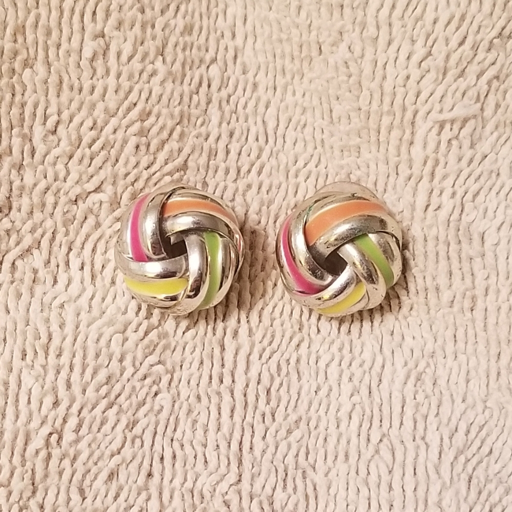 Silvertone and Neon Striped Enamel Knot Earrings
